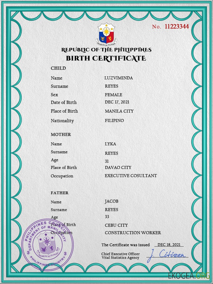 Modèle PSD de certificat de naissance des Philippines